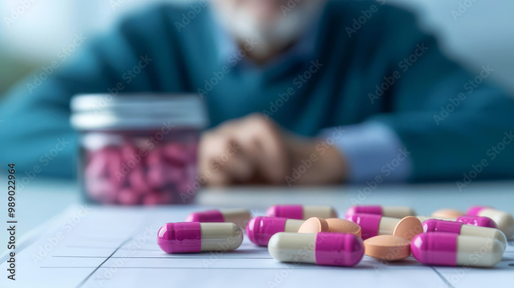 Close-up of colorful capsules on a medication schedule, with an elderly person in the background organizing their medications. Close-up of colorful capsules on a medication schedule, with an elderly person in the background organizing their medications.