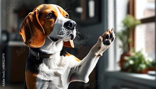 Joyful beagle high-fives with obedience in vibrant pet photography enhanced by AI generative technology photo