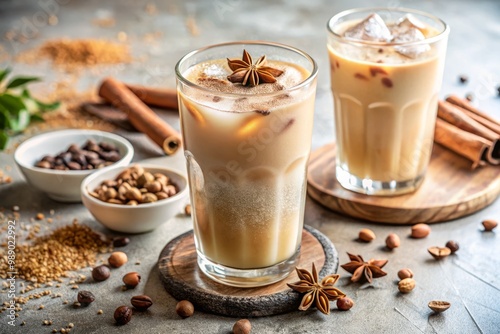 Sparkling clear glass holds refreshing iced chai tea with cinnamon and cardamom sprinkle, against crisp white, soft natural light, calming ambiance.