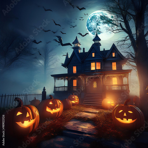 Spooky haunted house with glowing jack-o'-lanterns, full moon, and flying bats, creating a creepy Halloween atmosphere perfect for haunted house decor or horror-themed designs photo