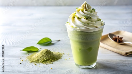 Green tea frappuccino sits in a clear cup on a white background, surrounded by a swirl of whipped cream and a sprinkle of vibrant matcha powder