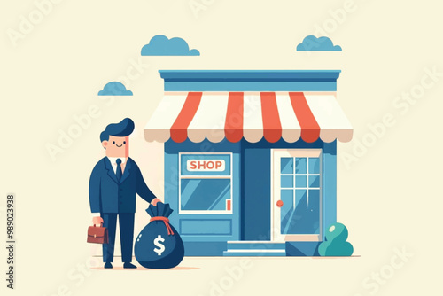 the shop owner stood in front of his small shop carrying a bag of dollar bills