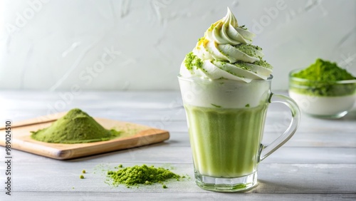 Freshly prepared matcha frappuccino adorned with whipped cream and sprinkled green tea powder sits in a clear cup on a bright white background, lit by soft natural light