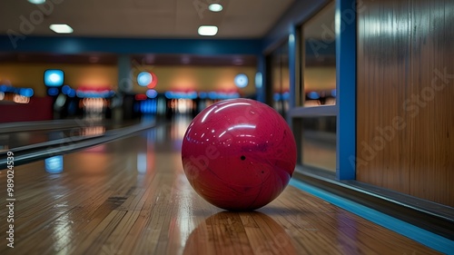 Vibrant neon-lit bowling balls on a polished lane at a modern bowling alley