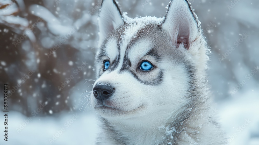Siberian Husky puppy with striking blue eyes, surrounded by falling snow, showcasing the beauty of winter and the charm of young dogs. Siberian Husky puppy with striking blue eyes, surrounded by falling snow, showcasing the beauty of winter and the charm of young dogs.