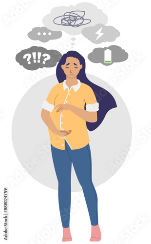 Pregnant woman in stress and depression vector illustration. Fatigue female person waiting for childbirth suffering from bad thoughts, unwell health. Psychology support and maternity