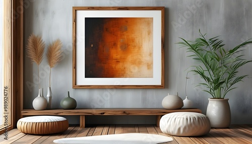 Elegant digital art in wooden frame enhances interior design with AI generative creativity in a vivid 16:9 aspect ratio. photo