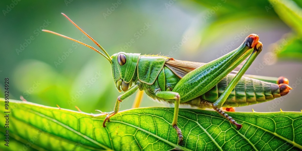 Green locust feasting on a plant leaf in a garden Green locust feasting on a plant leaf in a garden
