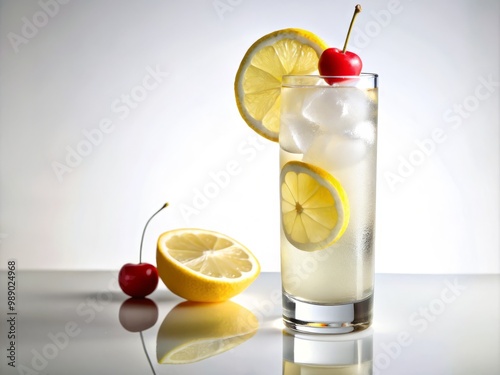 Freshly poured Tom Collins fills a tall highball glass with crystal clear liquid, slice of lemon and cherry garnish, set against a pure white background, illuminated by soft natural light.