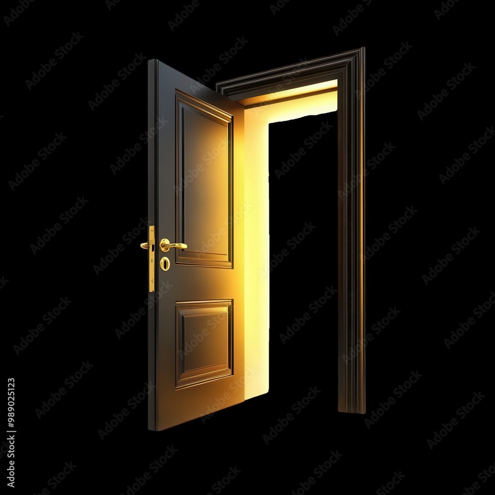 A beautifully illuminated open door against a dark background, symbolizing opportunity and new beginnings. A beautifully illuminated open door against a dark background, symbolizing opportunity and new beginnings.