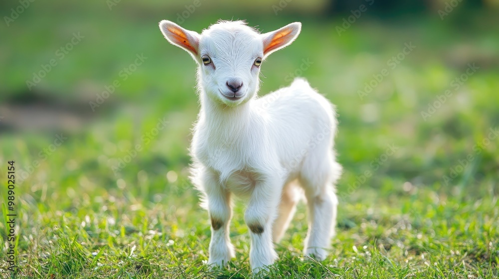 A baby goat standing on a farm, surrounded by green grass, plenty of space for text in the background A baby goat standing on a farm, surrounded by green grass, plenty of space for text in the background