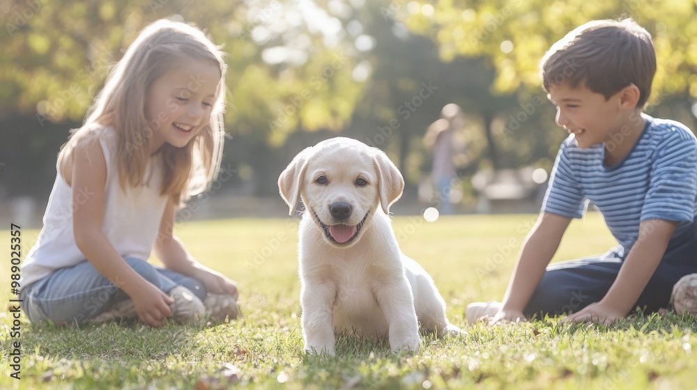 Two children playing with a Labrador puppy in a sunny park, capturing the joy and innocence of childhood and friendship. Two children playing with a Labrador puppy in a sunny park, capturing the joy and innocence of childhood and friendship.