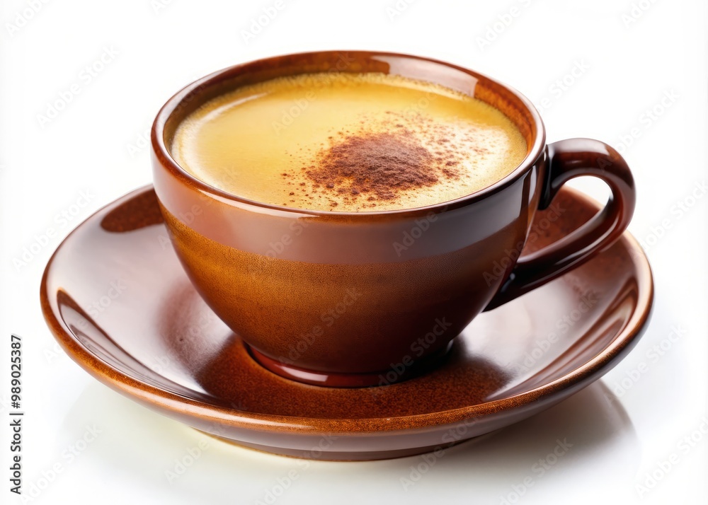 In a stunning ceramic cup, a vibrant espresso blend with a smooth crema finish and a touch of cocoa powder sits isolated on a crisp white background with dramatic contrast and golden undertones. In a stunning ceramic cup, a vibrant espresso blend with a smooth crema finish and a touch of cocoa powder sits isolated on a crisp white background with dramatic contrast and golden undertones.