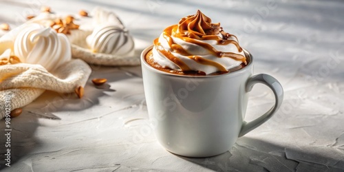 Steam rises from a mug of rich hot cocoa, topped with a swirl of caramel and a generous helping of whipped cream