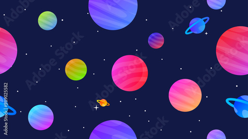 Vector illustration. Space seamless pattern on dark backdrop. Carton style. Design template for wallpaper, background, poster, banner, web, cover.