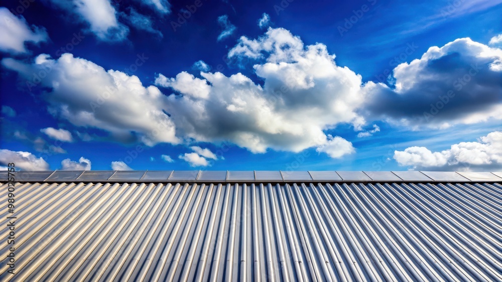 Metal sheet roof against a backdrop of a sloping roof with fluffy clouds and blue sky Metal sheet roof against a backdrop of a sloping roof with fluffy clouds and blue sky