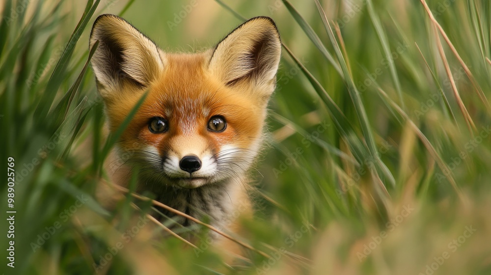 A curious red fox cub peeking from behind tall grass, with space for text in the background A curious red fox cub peeking from behind tall grass, with space for text in the background
