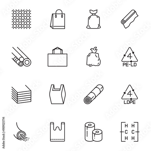  Low density polyethylene flat line icons. LDPE products - food package film, thermoresistant paper, garbage bag, plastic bottle, bubble wrap vector illustrations