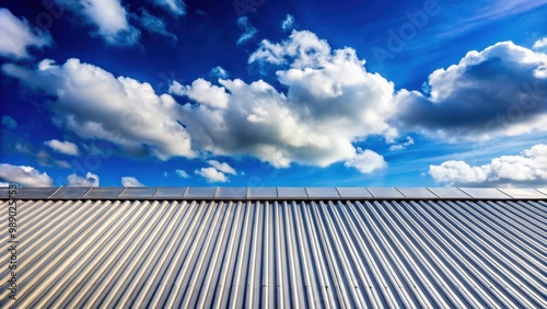 Metal sheet roof against a backdrop of a sloping roof with fluffy clouds and blue sky