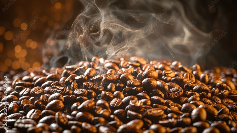 Obraz premium Freshly roasted coffee beans with steam rising, illuminated in warm light, enhancing their rich textures and creating an inviting atmosphere.