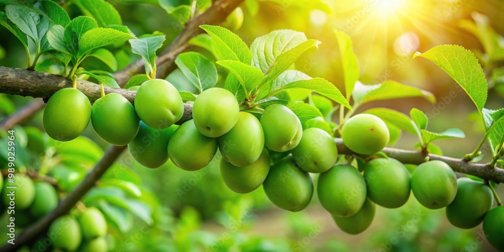 Green plums growing on a plum tree branch in a lush garden setting Green plums growing on a plum tree branch in a lush garden setting
