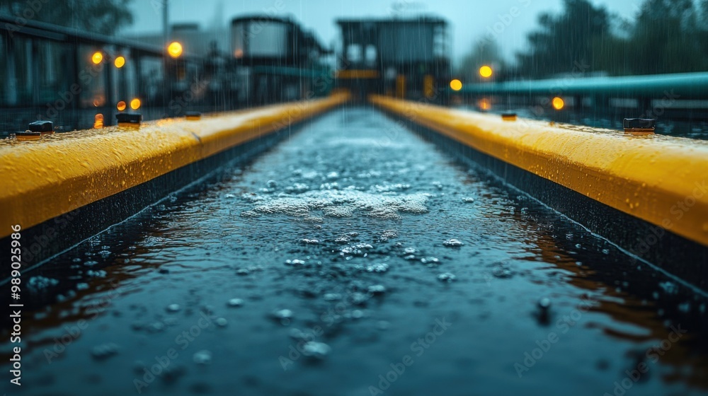 Water Channel with Yellow Railing Under a Rainstorm