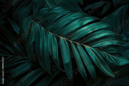 Abstract Leaf. Green Tropical Spring Glow on Dark Palm Leaf in Garden