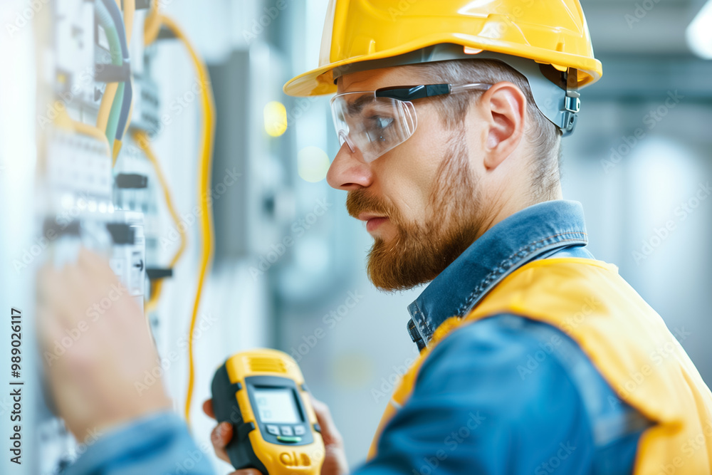 A skilled electrician checks electrical panels in a commercial setting. He is wearing safety goggles and a hard hat while using a multimeter to ensure proper function A skilled electrician checks electrical panels in a commercial setting. He is wearing safety goggles and a hard hat while using a multimeter to ensure proper function