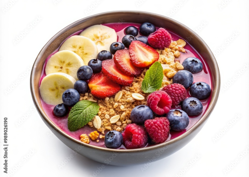 Smoothie bowl overflowing with mixed berries, banana, and granola in deep bowl, isolated on white background, vibrant colors popping against clean surface. Smoothie bowl overflowing with mixed berries, banana, and granola in deep bowl, isolated on white background, vibrant colors popping against clean surface.