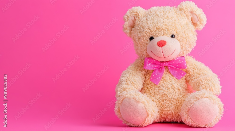 A playful image of a soft teddy bear with a pink bow, sitting on a bright pink background, representing childhood, warmth, and affection. A playful image of a soft teddy bear with a pink bow, sitting on a bright pink background, representing childhood, warmth, and affection.