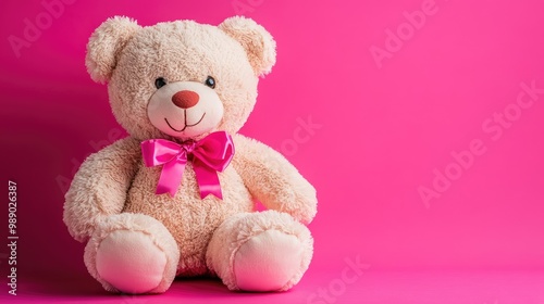 A playful image of a soft teddy bear with a pink bow, sitting on a bright pink background, representing childhood, warmth, and affection.