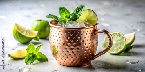 Crisp Moscow Mule, served in a copper mug with refreshing lime wedge and sprig of mint, stands against a clean White Background under Soft Natural Light.