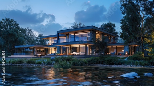 Architecture Home. Contemporary Beautiful Blue Chalet by the River at Evening