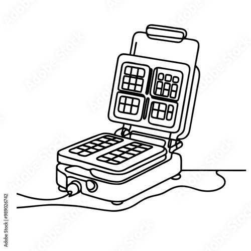 Waffle maker. Icon. Vector drawing. One line art. A simple drawing of a continuous line of a kitchen electric appliance. 