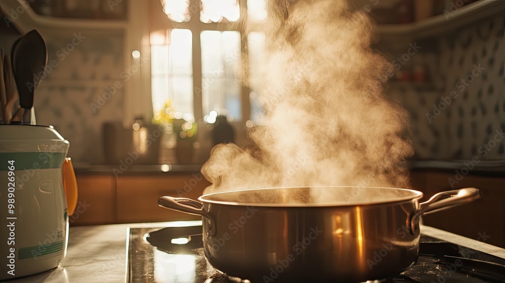 A pot with water boiling and steam escaping into the air, capturing the moment of meal preparation in a cozy kitchen. A pot with water boiling and steam escaping into the air, capturing the moment of meal preparation in a cozy kitchen.