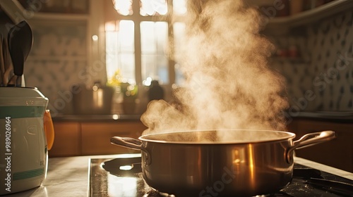 A pot with water boiling and steam escaping into the air, capturing the moment of meal preparation in a cozy kitchen.