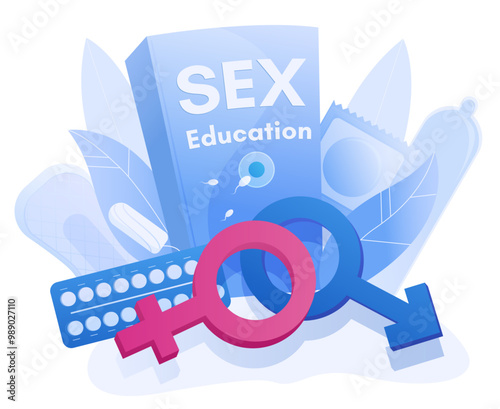 Sex education for people poster background. Contraceptive pills patch, condoms and hygiene accessories for menstrual period vector illustration in flat cartoon floral style