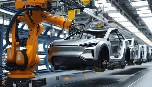 Futuristic Spartanburg Factory Merging Smart Car Production with Human Workforce, Highlighting Innovation in Automotive Manufacturing and AI-Driven Imagery