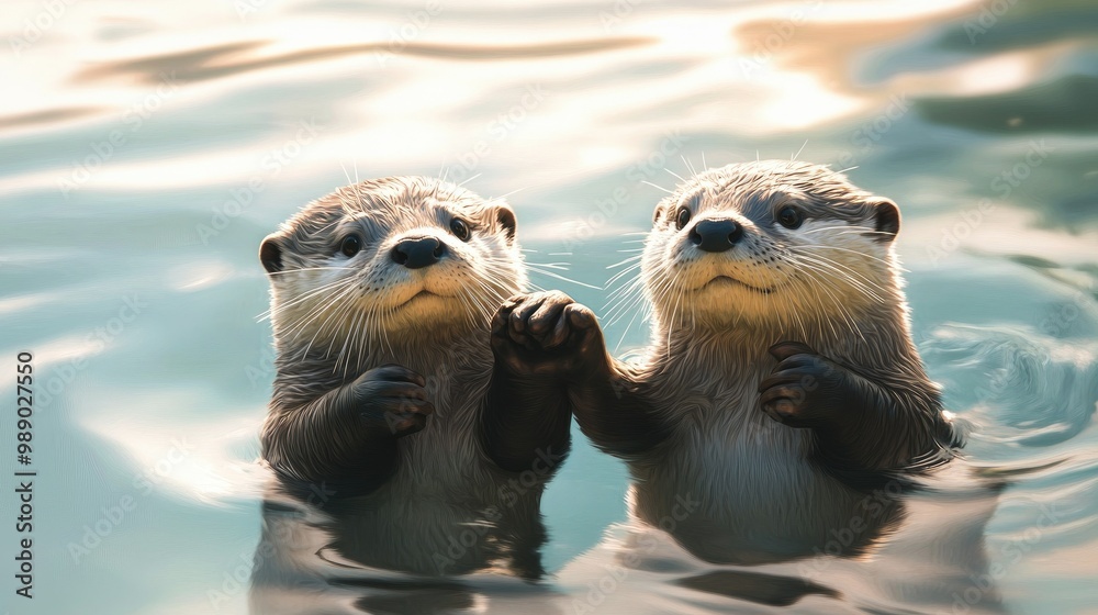 A pair of cute otters holding hands while floating in water, room for copy in the calm water background A pair of cute otters holding hands while floating in water, room for copy in the calm water background
