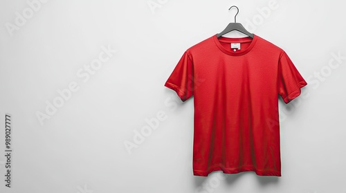 A red blank t-shirt displayed on a hanger against a white background, ready for print advertising or fashion branding. photo