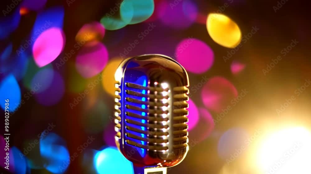 Retro-style microphone in the spotlight with blurred bokeh lights behind