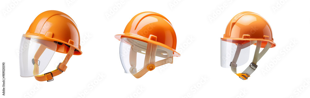 Fototapeta premium Orange safety helmets with face shields, isolated on transparent background.