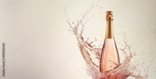 A bottle of pink champagne waves splashes isolated on light background