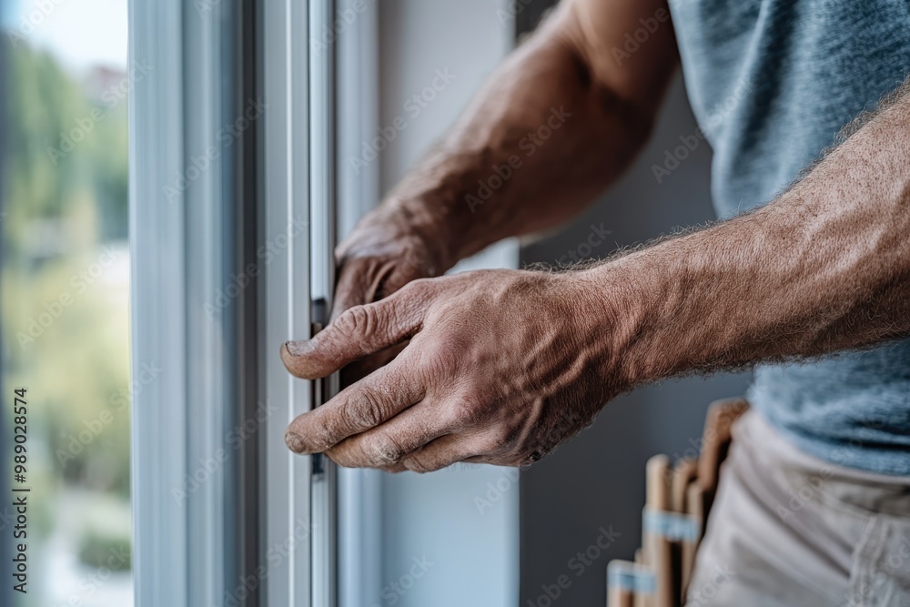 custom made wallpaper toronto digitalA close-up of a worker's hands skillfully installing a window during a home renovation project, focusing on the precision and care taken in construction work.