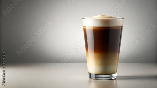 Sleek tumbler filled with smooth cold brew coffee topped with a velvety layer of cold foam stands isolated on a pristine white background in soft diffuse light.