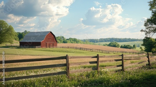 A scenic farm with old barn, wooden fence, and surrounding fields, ample copy space above and below