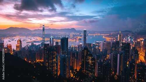 Sunset skyline of metropolitan city with skyscrapers