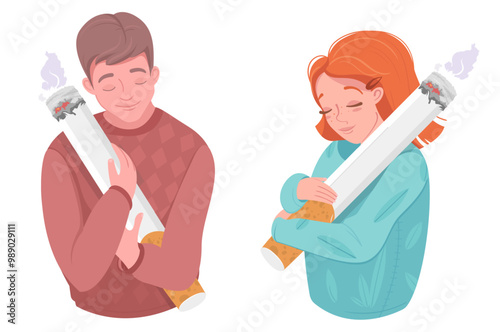 Young man and woman embracing huge cigarette having tobacco addiction suffering from bad habit vector illustration. Social issues and problem of smoking youth