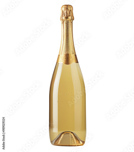 A bottle of champagne with a top gold label isolated on transparent background