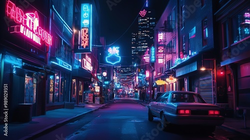 Vibrant neon-lit street scene at night with cars reflecting on wet pavement in a bustling urban environment